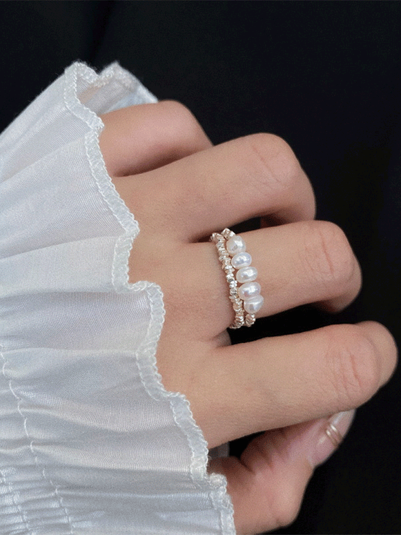 【455】925シルバーリング パールリング レディース 上品 おしゃれ ゴム仕様 フリーサイズ 指輪 重ね付け 韓国風