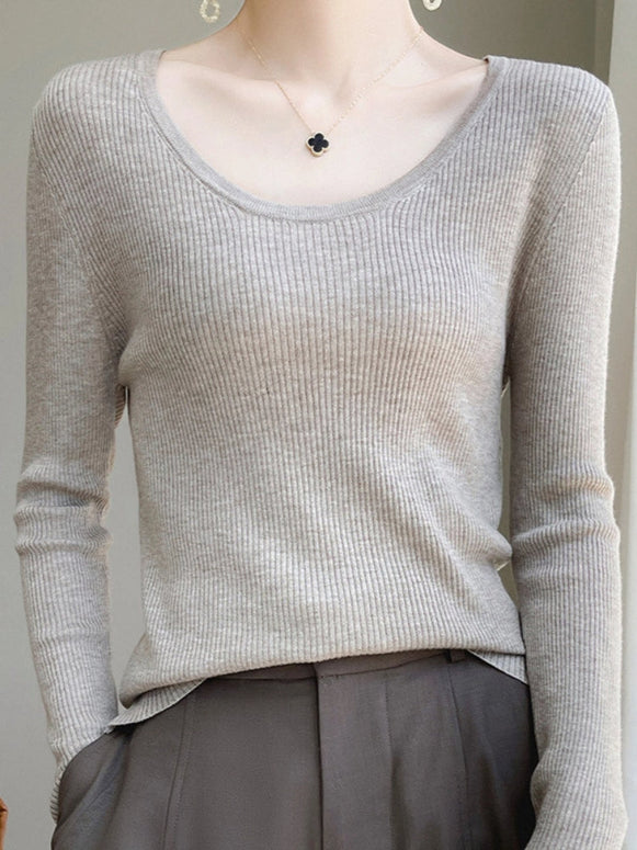 6色展開 クルーネック リブニット レディース 長袖 Uネック インナー タイトフィット シンプル 無地 着回し抜群 ベーシック ニットトップス 体型カバー レイヤード 春秋冬 ID1462