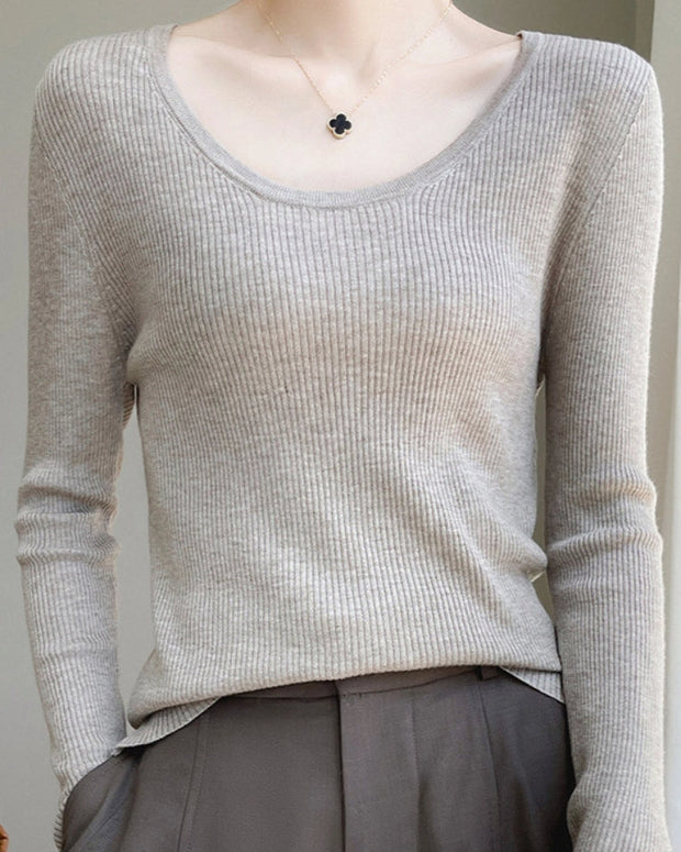 6色展開 クルーネック リブニット レディース 長袖 Uネック インナー タイトフィット シンプル 無地 着回し抜群 ベーシック ニットトップス 体型カバー レイヤード 春秋冬 ID1462