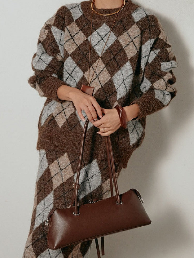 アーガイル柄 ニットセットアップ レディース 長袖 プルオーバー ニットトップス＋ロングスカート 2点セット 体型カバー 大人カジュアル 上品 きれいめ 秋冬 新作 ID2011