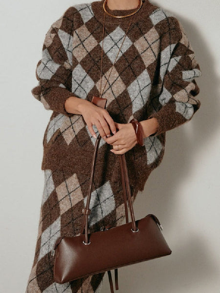 アーガイル柄 ニットセットアップ レディース 長袖 プルオーバー ニットトップス＋ロングスカート 2点セット 体型カバー 大人カジュアル 上品 きれいめ 秋冬 新作 ID2011