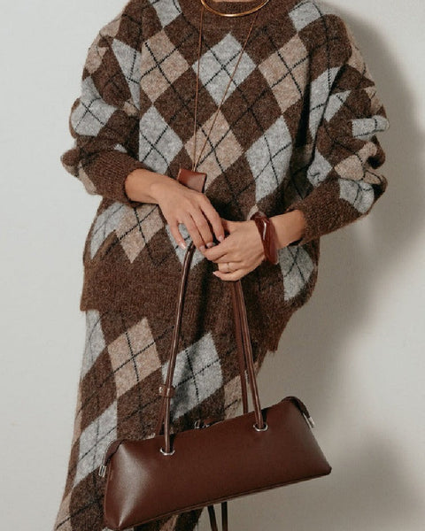 アーガイル柄 ニットセットアップ レディース 長袖 プルオーバー ニットトップス＋ロングスカート 2点セット 体型カバー 大人カジュアル 上品 きれいめ 秋冬 新作 ID2011