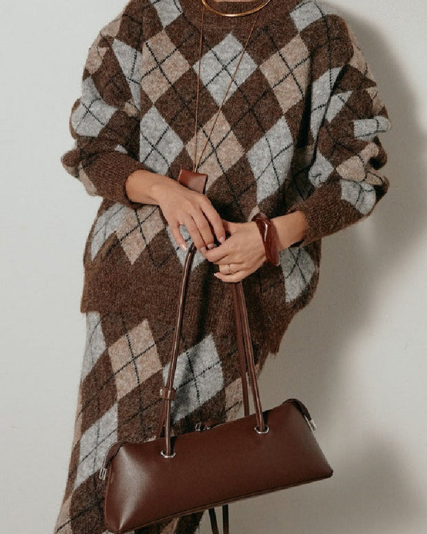 アーガイル柄 ニットセットアップ レディース 長袖 プルオーバー ニットトップス＋ロングスカート 2点セット 体型カバー 大人カジュアル 上品 きれいめ 秋冬 新作 ID2011