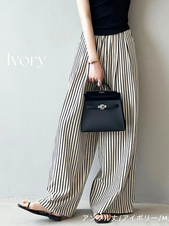 ワイドパンツ 接触冷感 ストライプパンツ レディース 涼しい 冷感 ストライプ ワイド パンツ 夏 ウエストゴム イージーパンツ 夏用 ボトムス きれいめ ゆったり 大きいサイズ 体型カバー ストレートパンツ リラックスパンツ 春夏 ID1087