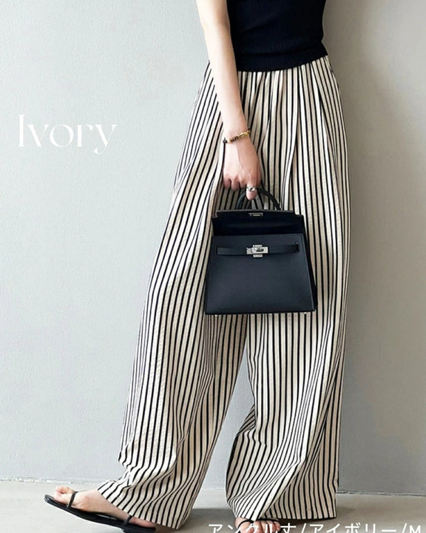 ワイドパンツ 接触冷感 ストライプパンツ レディース 涼しい 冷感 ストライプ ワイド パンツ 夏 ウエストゴム イージーパンツ 夏用 ボトムス きれいめ ゆったり 大きいサイズ 体型カバー ストレートパンツ リラックスパンツ 春夏 ID1087