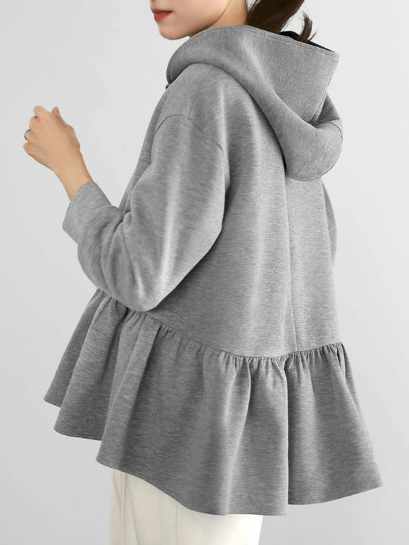 2色展開 フリル裾 パーカー レディース ジップアップ フーディー 長袖 カジュアル ゆったり 体型カバー 無地 シンプル 羽織り 春秋 上品 可愛い 大人カジュアル アウター ID1773