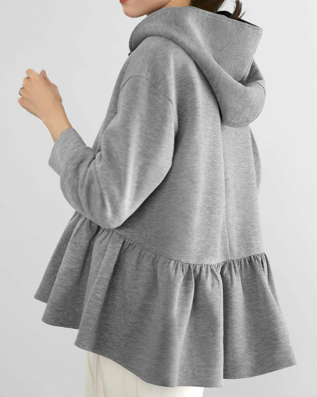 2色展開 フリル裾 パーカー レディース ジップアップ フーディー 長袖 カジュアル ゆったり 体型カバー 無地 シンプル 羽織り 春秋 上品 可愛い 大人カジュアル アウター ID1773