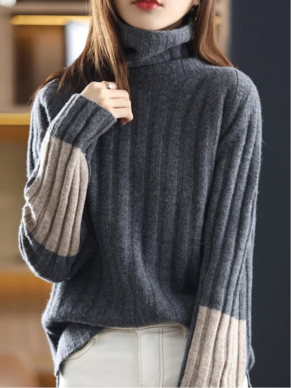 5色展開 タートルネック ニット セーター レディース 長袖 リブ編み 配色デザイン ゆったり 暖かい 体型カバー 通勤 通学 カジュアル 秋冬 新作 人気 ID1864