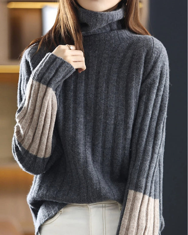 5色展開 タートルネック ニット セーター レディース 長袖 リブ編み 配色デザイン ゆったり 暖かい 体型カバー 通勤 通学 カジュアル 秋冬 新作 人気 ID1864