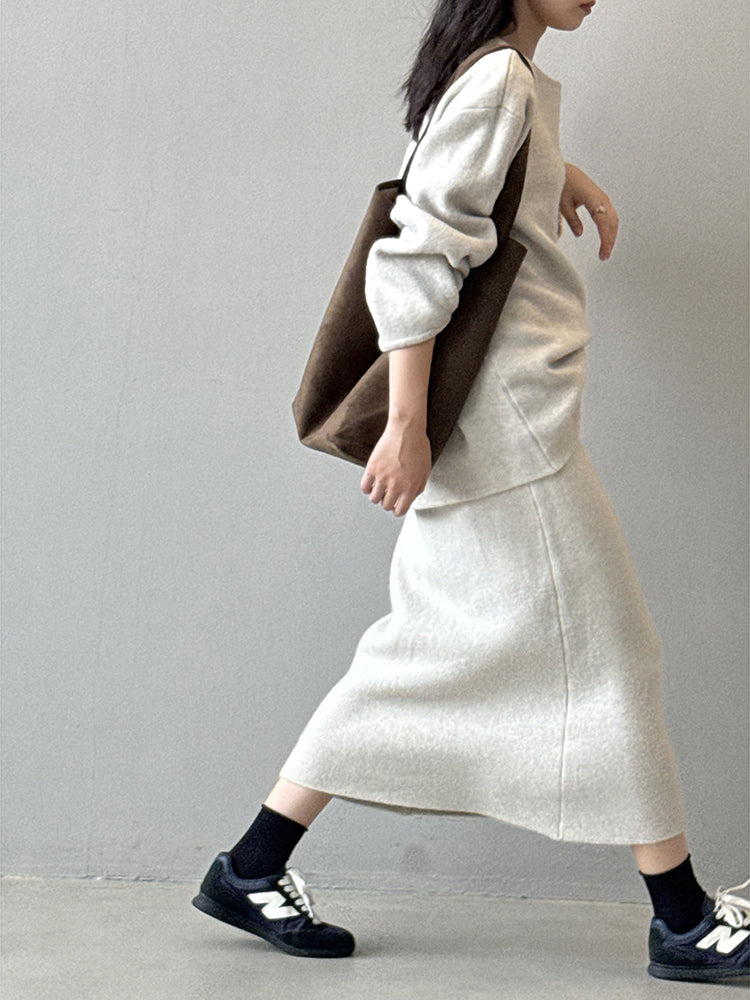 「限定価格は今だけ！」2点セット クルーネック ニット + ミモレ丈 スカート レディース セットアップ シンプル 上品 通勤 体型カバー 秋冬 新作 ID2088