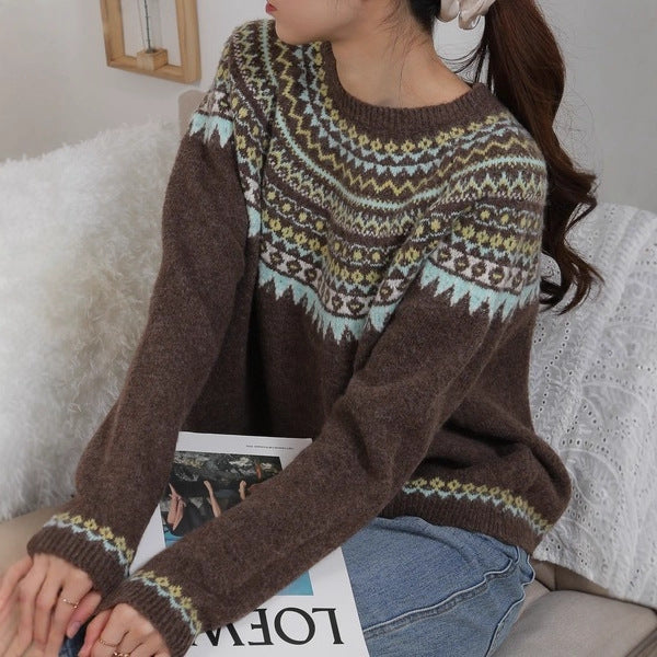 フェアアイル柄 ニット セーター レディース クルーネック ゆったり 長袖 柄編み カジュアル 体型カバー 秋冬 新作 ID2142
