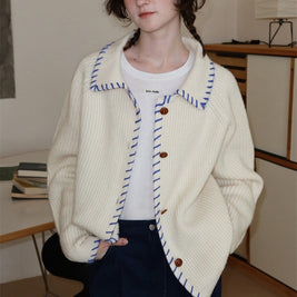 配色ステッチ カーディガン レディース 翻襟 ニットカーディガン ゆったり 長袖 シンプル おしゃれ カジュアル トップス 秋冬 新作 ID2062