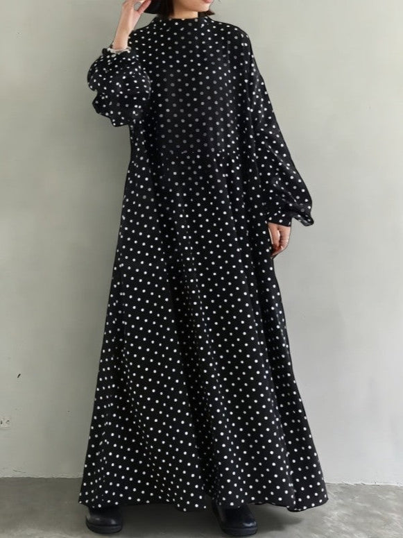 ドット柄 ワンピース レディース 長袖 ロングワンピース ハイネック ゆったり シルエット 体型カバー エレガント フェミニン 大人可愛い 秋冬 新作 ID1817