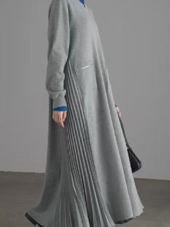 プリーツ ポケット ジップ デコレーション  長袖 ワンピース エレガント おしゃれ レディース トレンド フォーマル デイリー 上品 大人 女性 落ち着き 素材 シルエット  ID2002