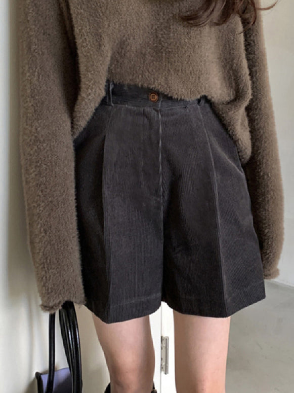 ハイウエスト コーデュロイ ショートパンツ レディース ゆったり 体型カバー 重ね着風 秋冬カジュアル ボトムス おしゃれ 可愛い ID2263