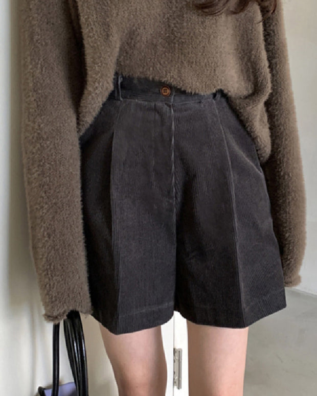 ハイウエスト コーデュロイ ショートパンツ レディース ゆったり 体型カバー 重ね着風 秋冬カジュアル ボトムス おしゃれ 可愛い ID2263