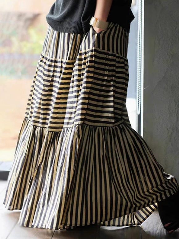 ストライプ柄 ロングスカート レディース Aライン フレアスカート ギャザー ウエストゴム ゆったり 体型カバー 大人可愛い カジュアル 春秋 おしゃれ ベーシック トレンド 人気 ID1401