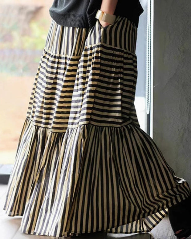 ストライプ柄 ロングスカート レディース Aライン フレアスカート ギャザー ウエストゴム ゆったり 体型カバー 大人可愛い カジュアル 春秋 おしゃれ ベーシック トレンド 人気 ID1401