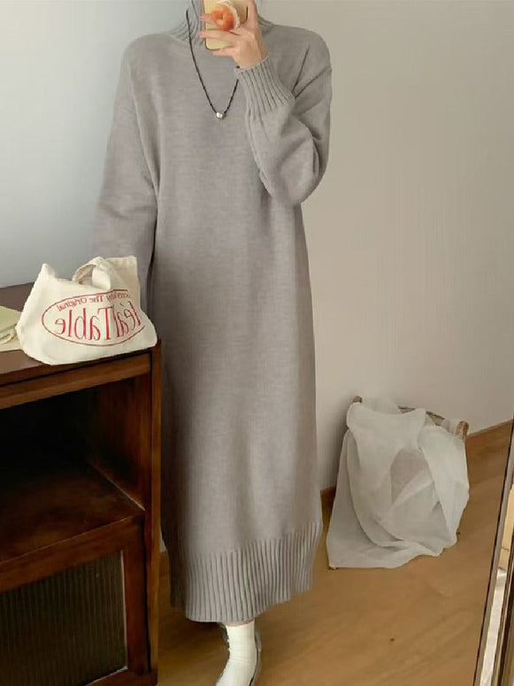 ハイネック ニットワンピース レディース ロング丈 ゆったり シンプル 無地 体型カバー きれいめ カジュアル 暖かい 秋冬 大人可愛い 新作 ID1919