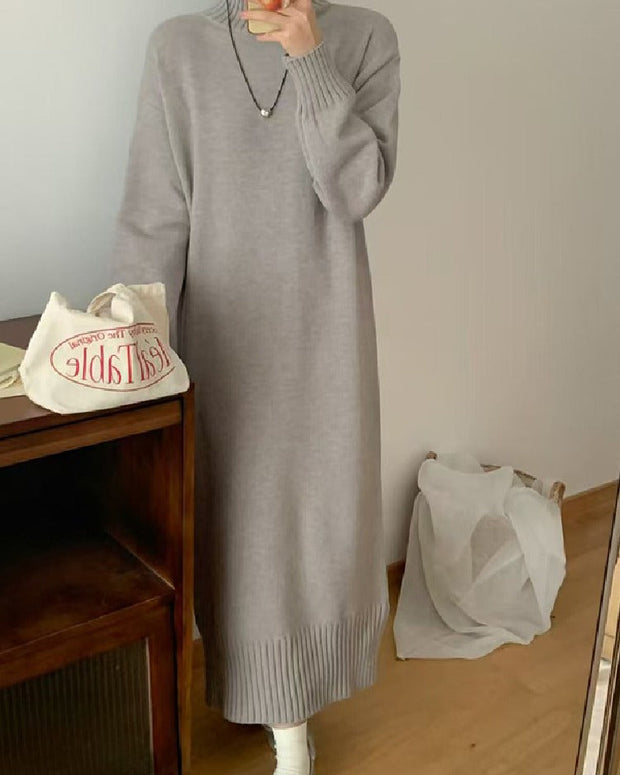 ハイネック ニットワンピース レディース ロング丈 ゆったり シンプル 無地 体型カバー きれいめ カジュアル 暖かい 秋冬 大人可愛い 新作 ID1919