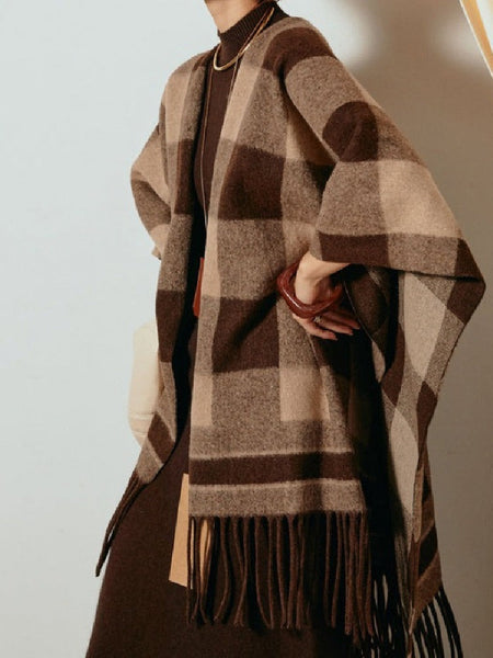 保温 ニット チェック フリンジ マフラー ロング アウター ポンチョ マーメイド レディース おしゃれ トレンド 素材 着心地 快適 上品 大人 女性 エレガント 洗練 フォーマル 都市 テイスト 防寒 ID2008