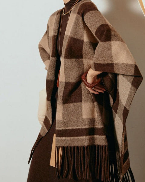 保温 ニット チェック フリンジ マフラー ロング アウター ポンチョ マーメイド レディース おしゃれ トレンド 素材 着心地 快適 上品 大人 女性 エレガント 洗練 フォーマル 都市 テイスト 防寒 ID2008