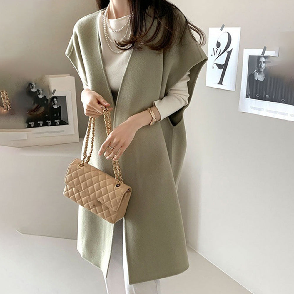 ノーカラー ベストコート レディース ウールコート ノースリーブ アウター ゆったり 体型カバー おしゃれ 大人カジュアル 上品 きれいめ 通勤 通学 秋冬 ロングジレ ID1815