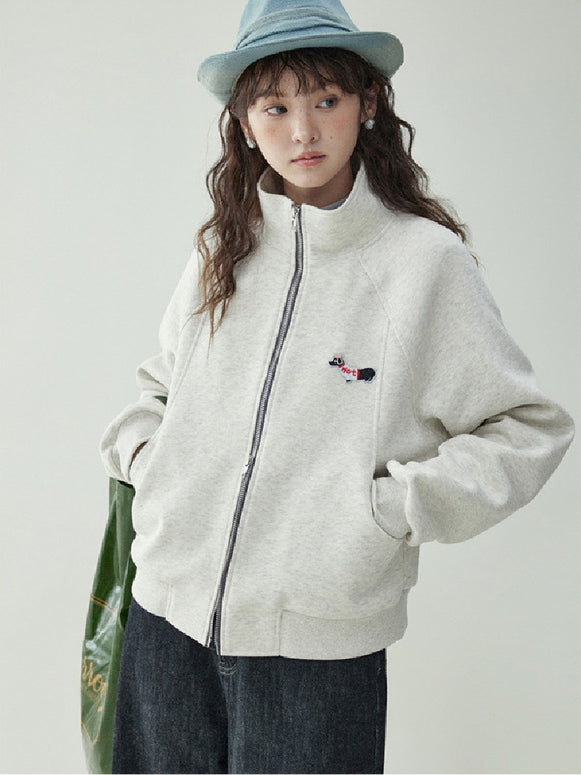 犬刺繍 ジップアップ スウェット レディース ダブルジップ トップス シンプル カジュアル ゆったり かわいい 長袖 春秋 冬 新作 ID2060