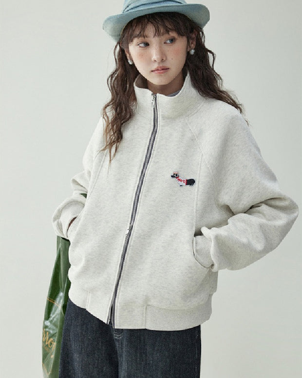 犬刺繍 ジップアップ スウェット レディース ダブルジップ トップス シンプル カジュアル ゆったり かわいい 長袖 春秋 冬 新作 ID2060