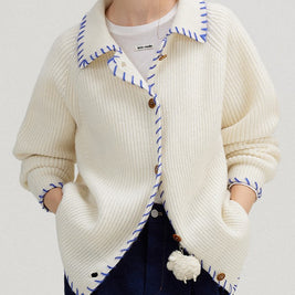 配色ステッチ カーディガン レディース 翻襟 ニットカーディガン ゆったり 長袖 シンプル おしゃれ カジュアル トップス 秋冬 新作 ID2062