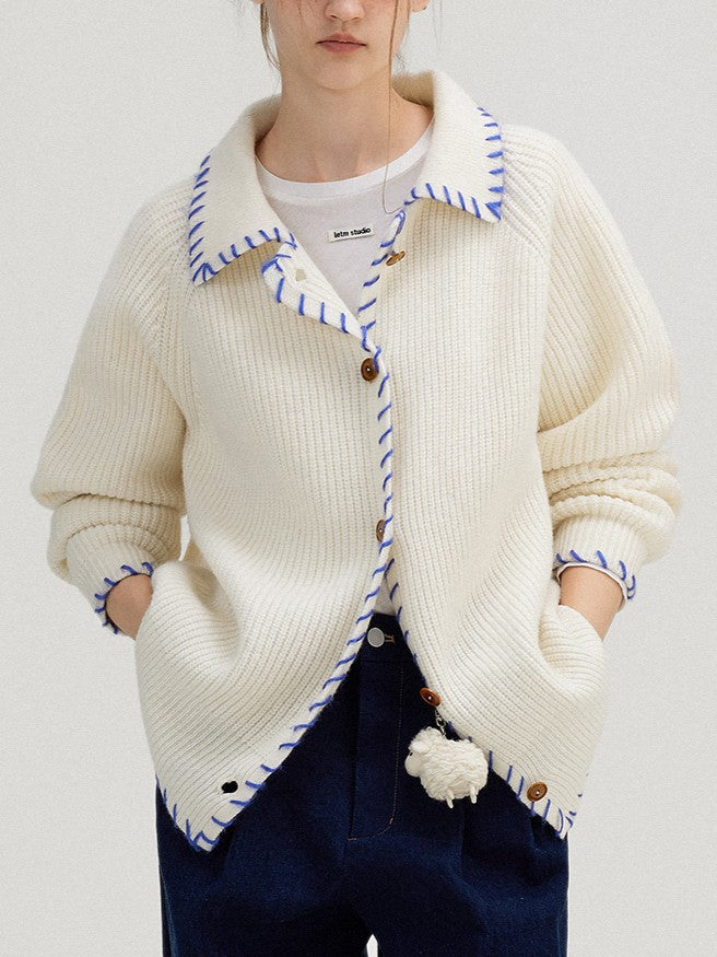 配色ステッチ カーディガン レディース 翻襟 ニットカーディガン ゆったり 長袖 シンプル おしゃれ カジュアル トップス 秋冬 新作 ID2062