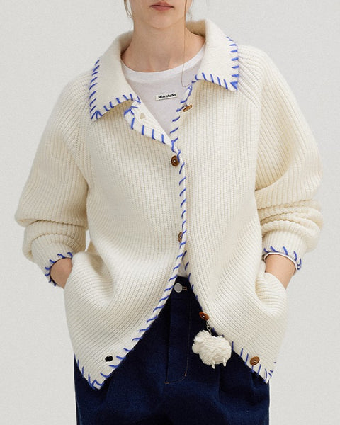 配色ステッチ カーディガン レディース 翻襟 ニットカーディガン ゆったり 長袖 シンプル おしゃれ カジュアル トップス 秋冬 新作 ID2062