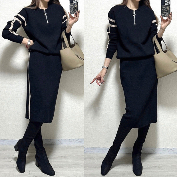 2色展開 配色 ニット セットアップ レディース 長袖 プルオーバー + タイトスカート 2点セット スリット入り きれいめ カジュアル 通勤 オフィス 秋冬 新作 人気 ID1871