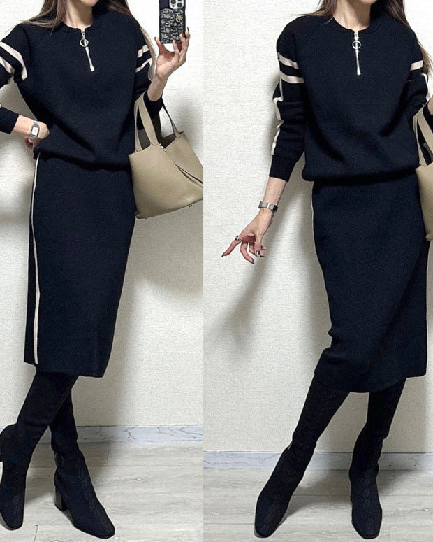 2色展開 配色 ニット セットアップ レディース 長袖 プルオーバー + タイトスカート 2点セット スリット入り きれいめ カジュアル 通勤 オフィス 秋冬 新作 人気 ID1871