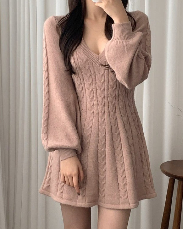 アラン模様 Vネック 収まりワンピ Vネック ニットワンピ 秋冬 プフスリーブ 風船袖 小さいサイズ 秋冬 厚手 アースカラー かわいい デイリー ID2100