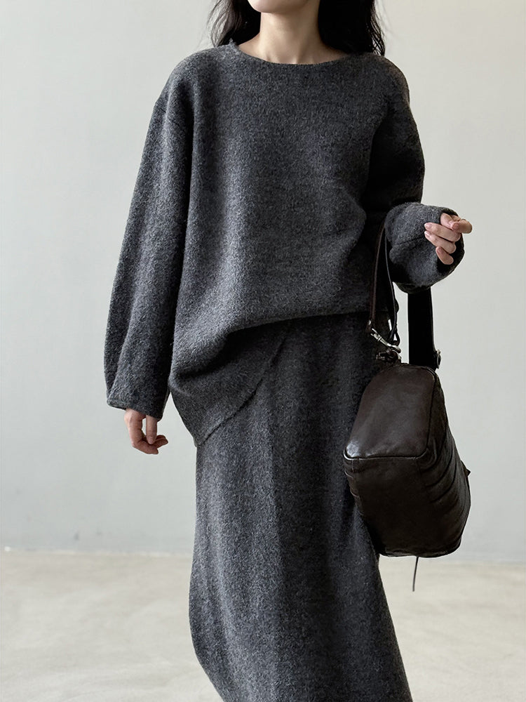 「限定価格は今だけ！」2点セット クルーネック ニット + ミモレ丈 スカート レディース セットアップ シンプル 上品 通勤 体型カバー 秋冬 新作 ID2088