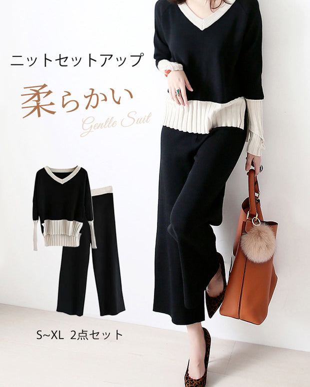 「タイムセール開催中」セットアップ ニットトップス ワイドパンツ 2点セット ゆったり シンプル モード系 おしゃれ きれいめ系 カジュアル デイリーコーデ ID254