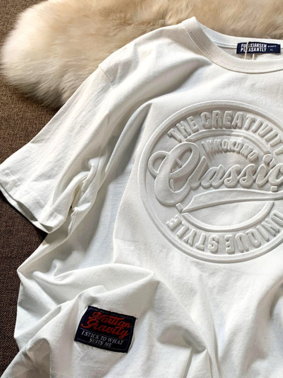 【260】ユニセックスで楽しめる！立体ロゴプリント 半袖Tシャツ オーバーサイズ クルーネック 無地 カジュアル ストリート風 男女兼用 2025春夏新作