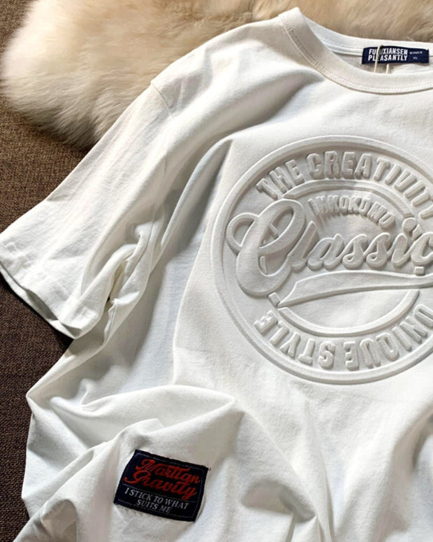 【260】ユニセックスで楽しめる！立体ロゴプリント 半袖Tシャツ オーバーサイズ クルーネック 無地 カジュアル ストリート風 男女兼用 2025春夏新作