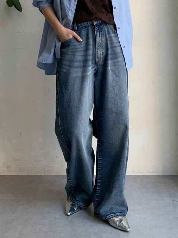 ワイドデニムパンツ レディース ゆったり 体型カバー ストレートジーンズ ヴィンテージウォッシュ ハイウエスト カジュアル 春夏秋冬 着回し 上品 おしゃれ ID1245