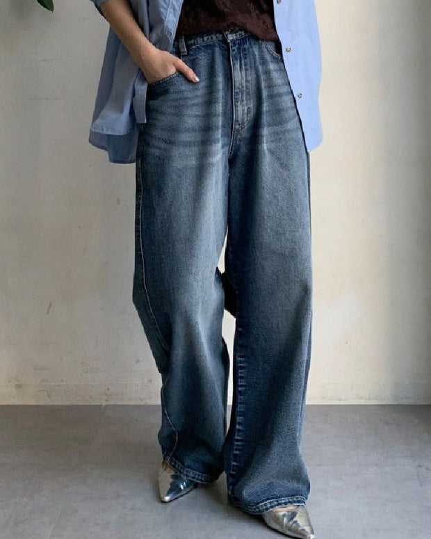 ワイドデニムパンツ レディース ゆったり 体型カバー ストレートジーンズ ヴィンテージウォッシュ ハイウエスト カジュアル 春夏秋冬 着回し 上品 おしゃれ ID1245