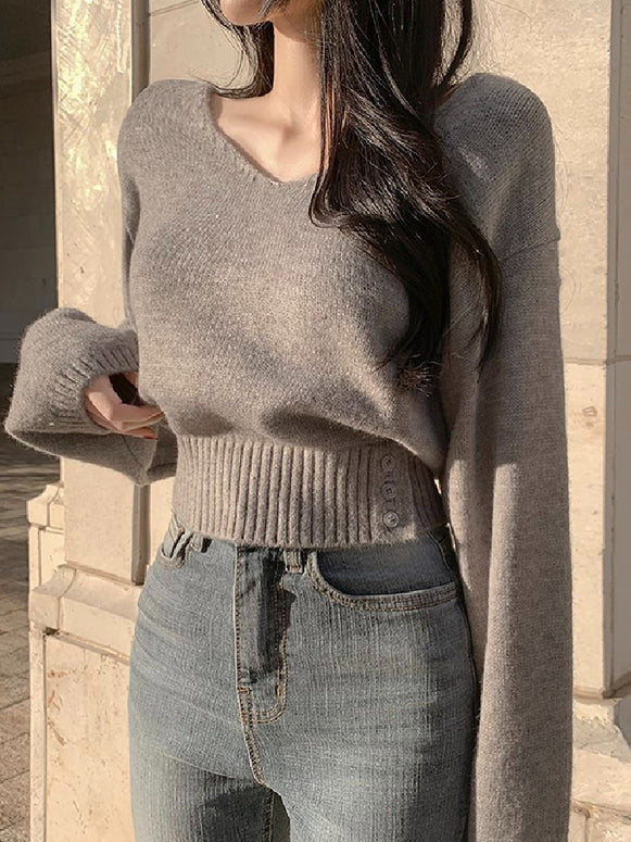ショート丈 ニット セーター レディース Vネック ウエストリブ 体型カバー おしゃれ 秋冬 インナー トップス ID2197