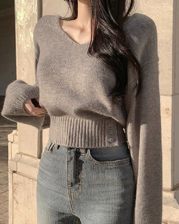 ショート丈 ニット セーター レディース Vネック ウエストリブ 体型カバー おしゃれ 秋冬 インナー トップス ID2197