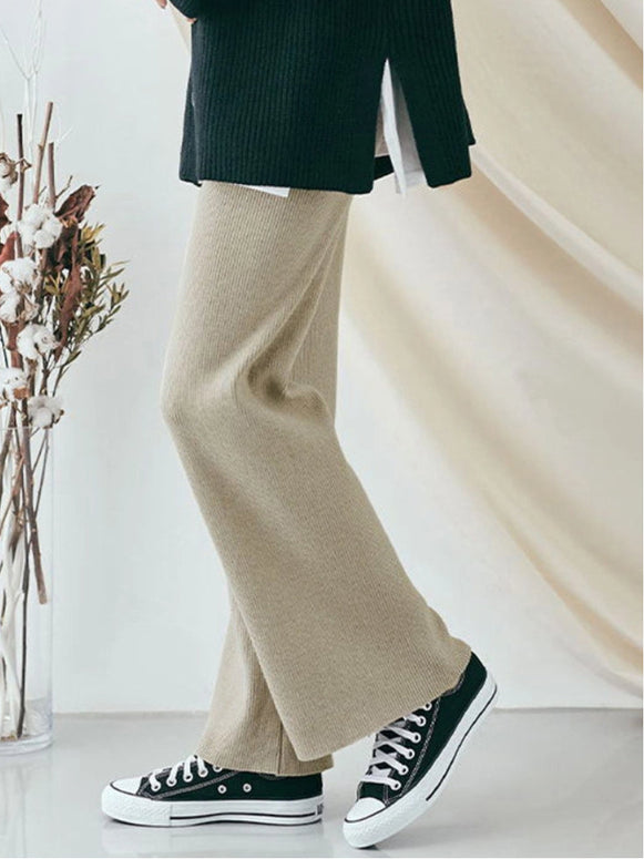 4色展開 美脚効果 ニットパンツ レディース ワイドパンツ ハイウエスト リブ編み 体型カバー シンプル カジュアル 楽ちん ゆったり おしゃれ 秋冬 ボトムス ID1771