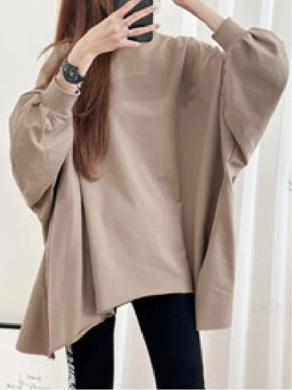 カジュアルすぎない。レディース トレーナー トップス 体型カバー  大きいサイズ 無地 ドルマンスリーブ スエット プルオーバー ビッグ ロング ドロップショルダー ビッグシルエット ゆる ぽわん袖 長袖 秋 冬  ID1711