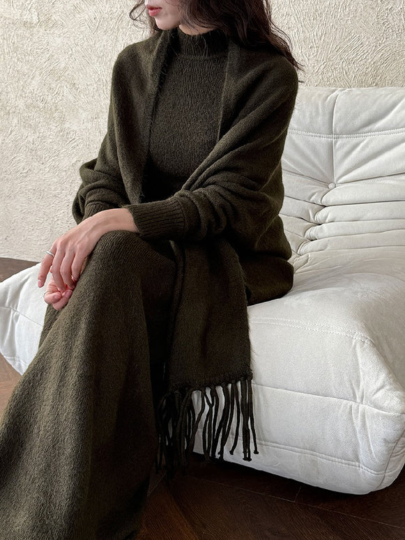 ニット セットアップ レディース ワンショルダー ワンピース + フリンジショール きれいめ 上品 大人女子 秋冬コーデ おしゃれ ID2298