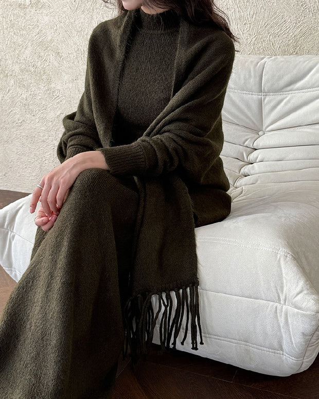 ニット セットアップ レディース ワンショルダー ワンピース + フリンジショール きれいめ 上品 大人女子 秋冬コーデ おしゃれ ID2298