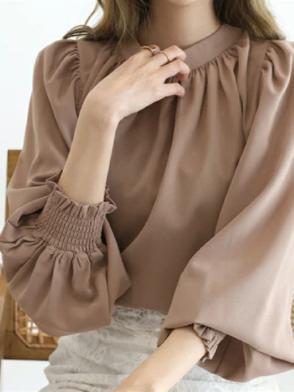 ブラウス レディース 長袖 入学式 オケージョン オフィス ハイネック スタンドカラー リボン 上品 バルーン袖 フリル / ハイネックバルーンスリーブブラウス ID1290