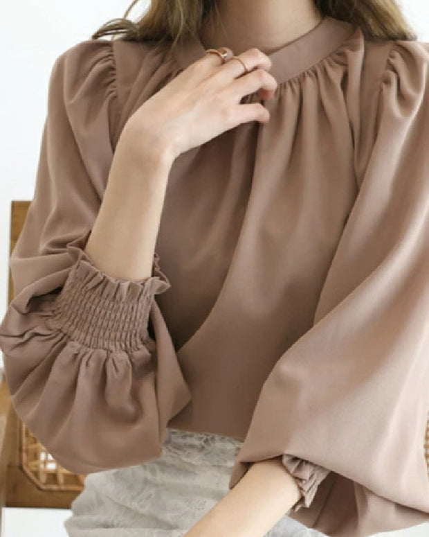 ブラウス レディース 長袖 入学式 オケージョン オフィス ハイネック スタンドカラー リボン 上品 バルーン袖 フリル / ハイネックバルーンスリーブブラウス ID1290