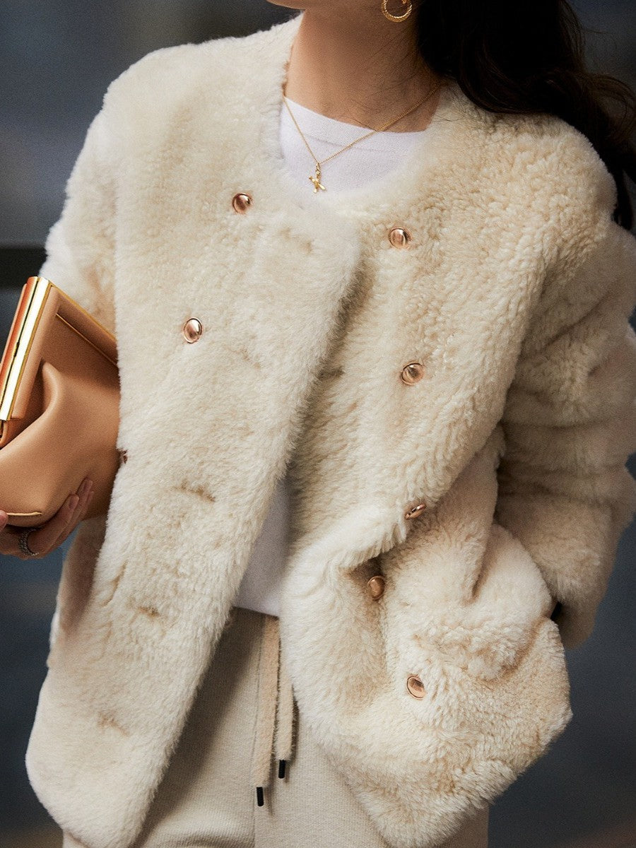 フェイクムートン コート レディース ボア ジャケット ダブルボタン ノーカラー ふわふわ あったか きれいめ 大人可愛い 通勤 カジュアル 秋冬 新作 人気 ID1860